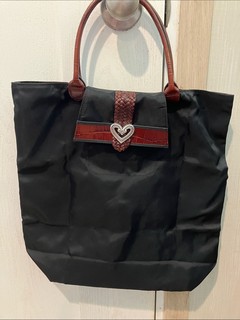 Brighton Black Tote Bag with Brown Trim and Heart Accent